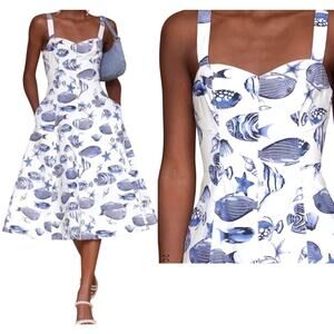 Avec Les Filles Fish Tropical Nautical A Line White Blue Midi Dress Size 8 NEW